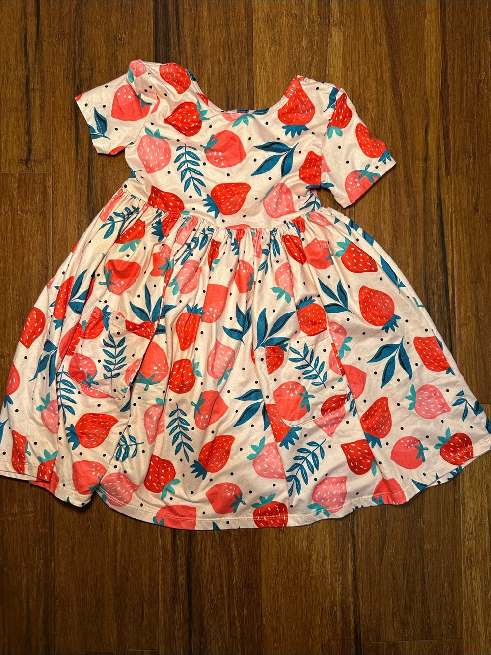 Mila & Rose Strawberry-Print Pink Cotton Casual Dress with Blue Leaf Accents